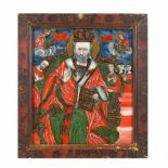 "Saint Nicholas the Miracle-Worker Enthroned", icon on glass, painted frame, attributed to painter I