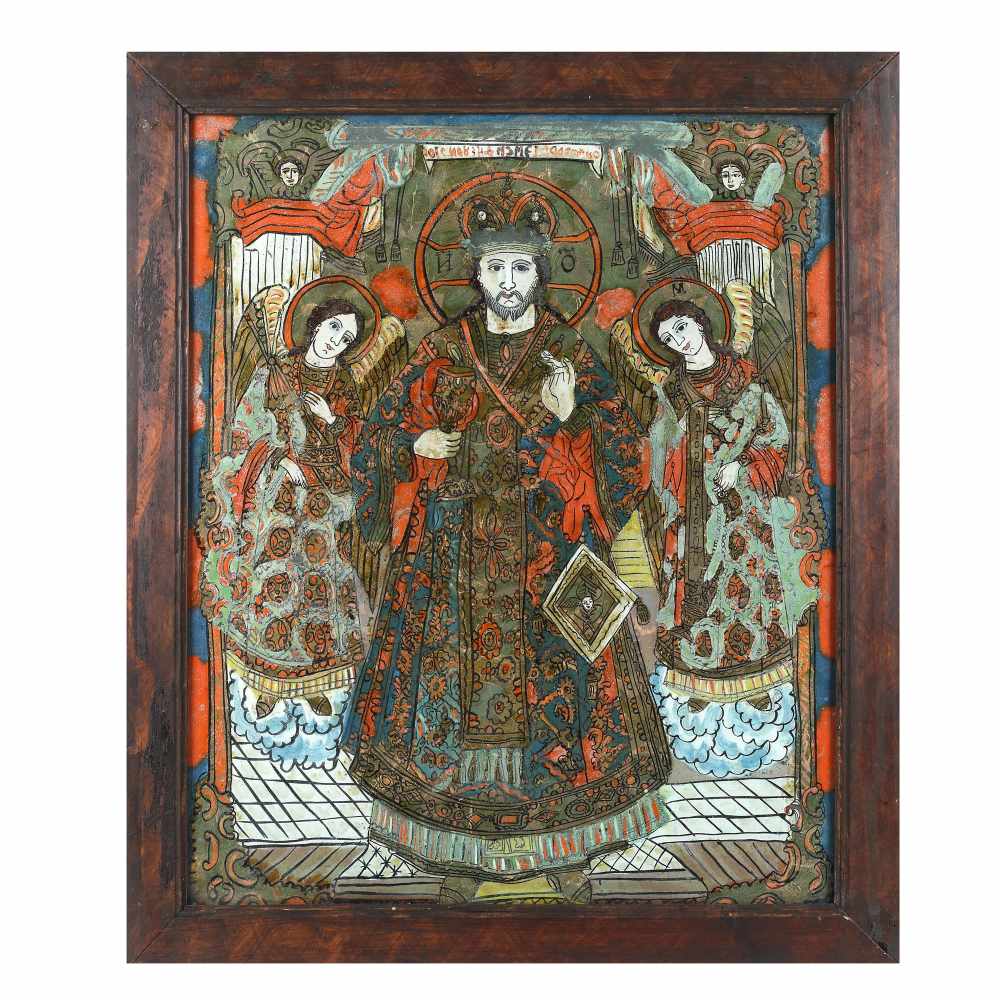 "Jesus Christ Emperor and High Bishop, Flanked by Archangels", icon on glass, Țara Bârsei workshop