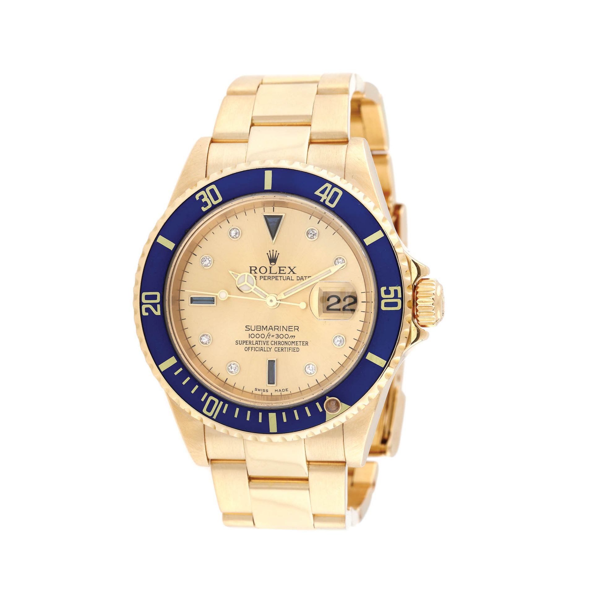 Rolex Oyster Perpetual Submariner Date wristwatch, gold, decorated with sapphires and diamonds, uni