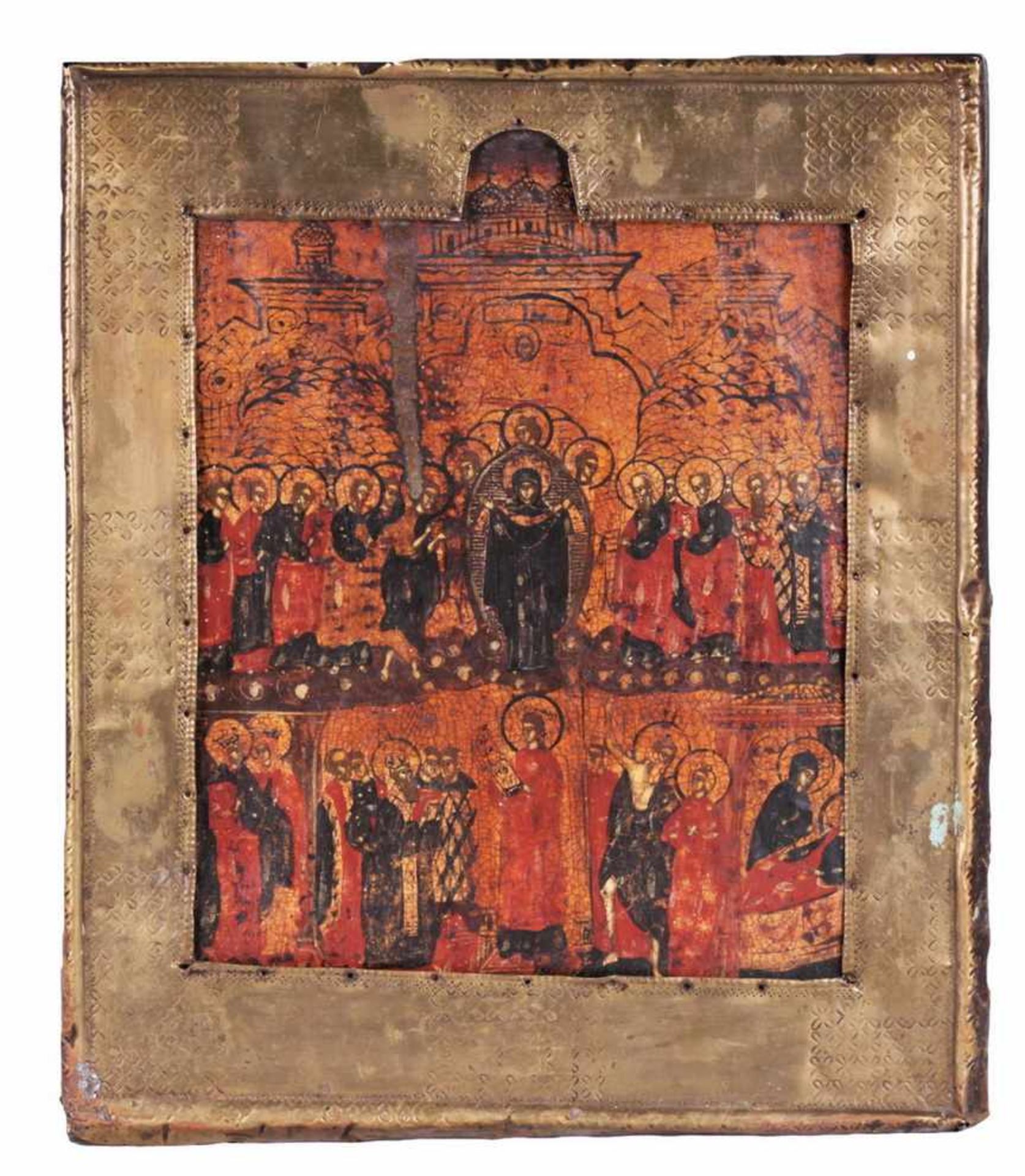 Russian icon &quot;Intercession of the Theotokos&quot; covered with brass riza.