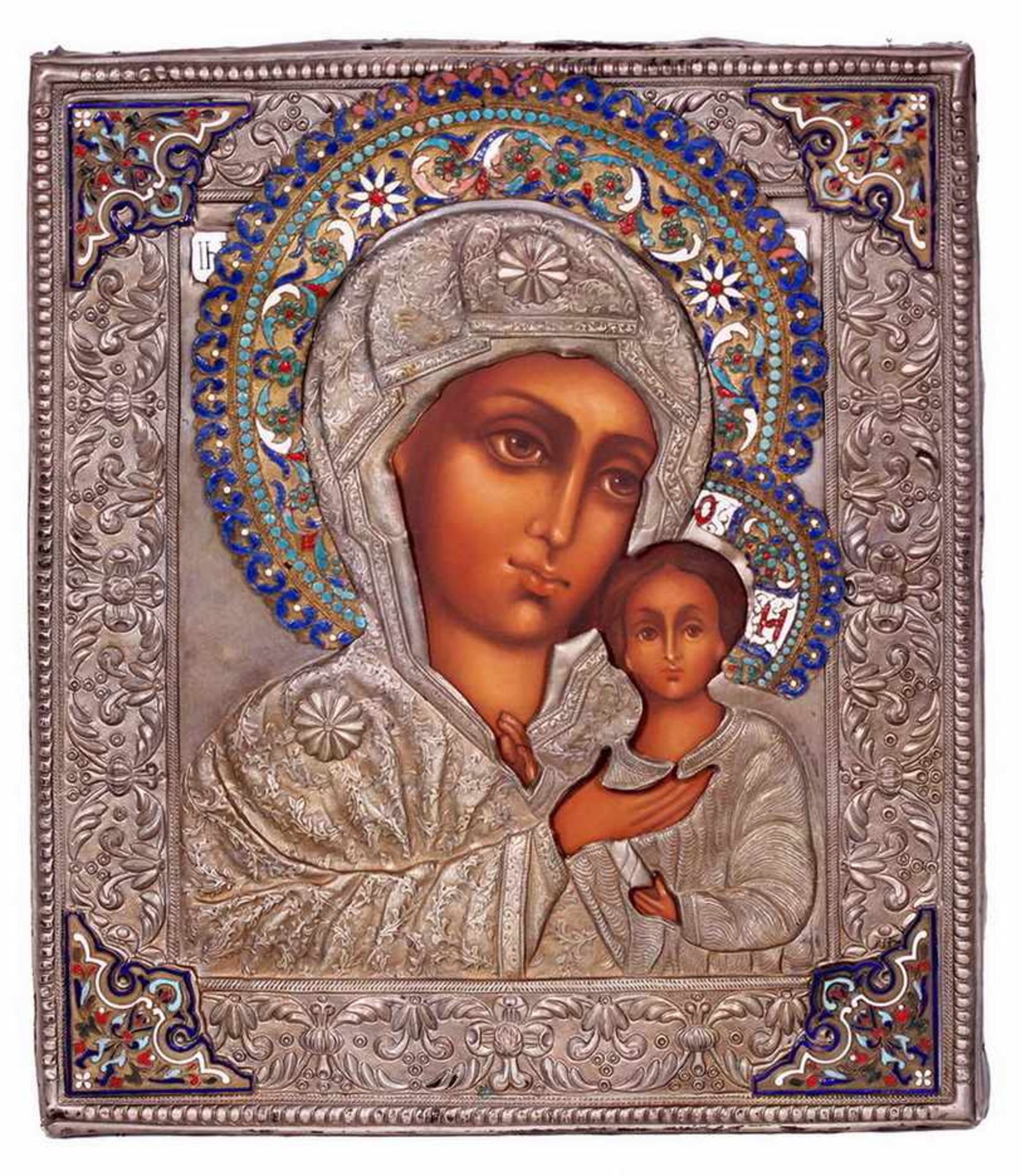 Russian icon &quot;Petrovskaya Mother of God&quot; with silver plated enamelled oklad.