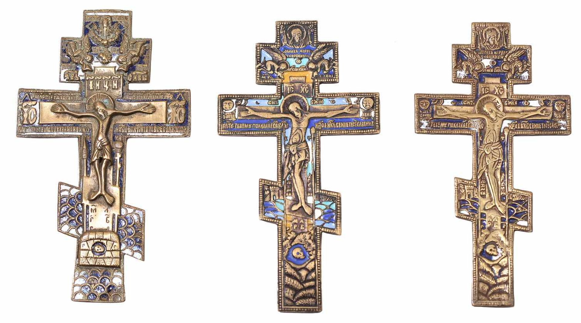 [Russian]. Three brass crucifix. - 19th century.