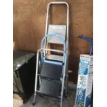 THREE SETS OF METAL STEP LADDERS ONE THREE STEP AND TWO WITH TWO STEPS