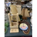 VARIOUS ITEMS TO INCUDE WOODEN HOLDER, SHIP LIGHTS, EMBROIDERED PANEL ETC