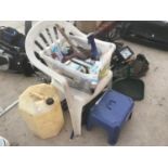 A QUANTITY OF TOOLS TO INCLUDE SHEARS, SCARIFIER, WEEDER, SHOOTING STICK, A CHAIR, BARREL AND