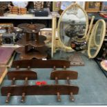 A DRESSING TABLE MIRROR, OIL LAMP BASE, TWO RETRO SHELVING UNITS