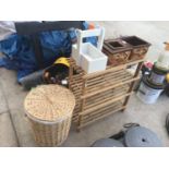 A WICKER LINEN BASKET, RACK, WOODEN BASKET AND FOUR FURTHER BASKETS