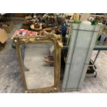 A GILT FRAMED OVER MANTLE MIRROR AND THREE ETCHED GLASS PANELS