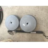 SIX TEN KILO WEIGHTS AND A BAR