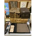 FOUR ITEMS - WICKER PICNIC BASKET ETC