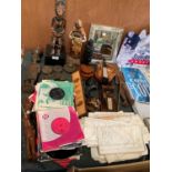 A MIXED COLLECTION OF ITEMS TO INCLUDE MAPS, RECORDS, VARIOUS WOODEN ITEMS ETC