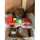 THREE ITEMS - WOODEN BARREL, BUDDHA ON STAND AND WOODEN BLOCKS