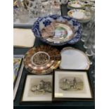 A COLLECTION OF ASSORTED CERAMICS TO INCLUDE LARGE BOWL, ROYAL DOULTON PLATES, PRINTS ETC