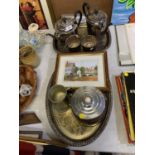 VARIOUS SILVER PLATED ITEMS, FOUR PIECE TEA SET AND TRAY, FRAMED PICTURE ETC