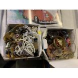 TWO BOXES CONTAINING ASSORTED COSTUME JEWELLERY, SUNGLASSES ETC