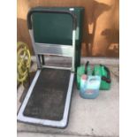 A TROLLEY, TWO FOLDING TABLES, TWO PLASTIC FUEL CANS AND A TUB OF ANTIFREEZE