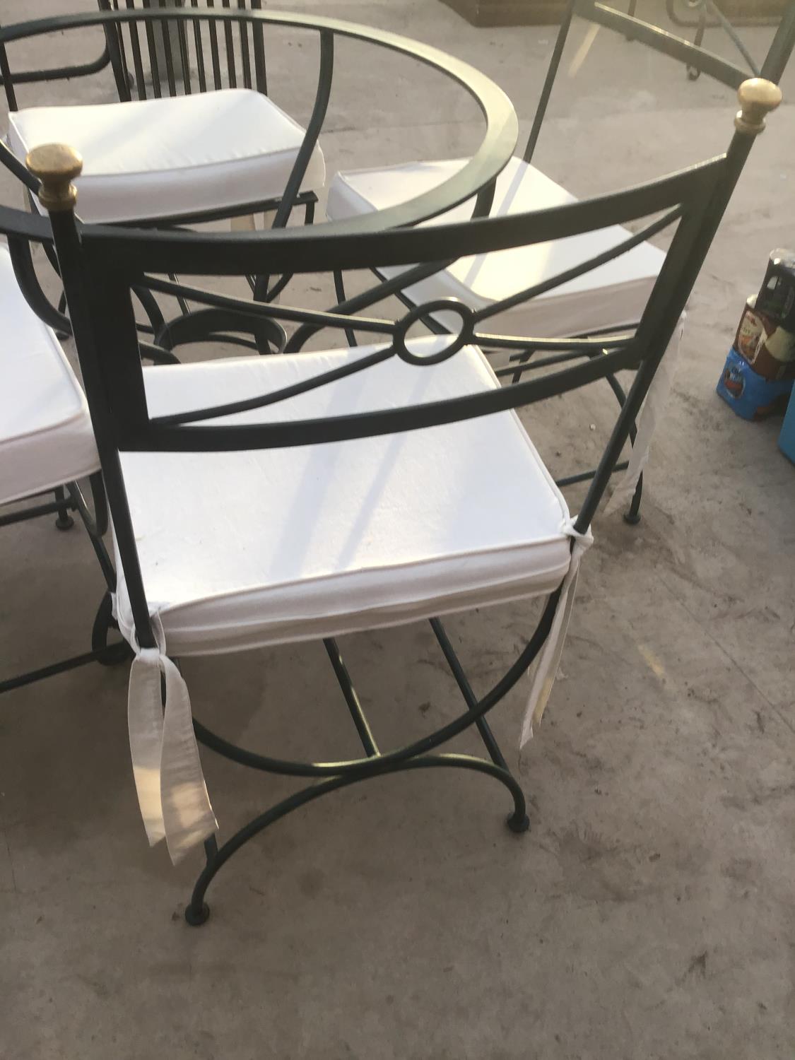 A VERDI GRIS STYLE CIRCULAR TABLE (NO TOP) AND FOUR MATCHING CHAIRS WITH CREAM SEAT PADS - Image 2 of 4