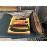 A BOXED VINTAGE HORNBY TRAIN SET AND TWO WOODEN BOAT MODELS