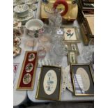 A MIXED GROUP OF ITEMS TO INCLUDE CRYSTAL CUT GLASS, FRAMED PICTURES ETC