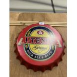 A METAL UTENOS BEER BOTTLE CAP SIGN, DIAMETER 35CM