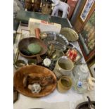 A MIXED GROUP OF ITEMS - ART GLASS SQUAT VASE, WOODEN BOWL ETC