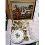 A FRAMED SHIRE HORSE TAPESTRY, BABY SHAM GLASSS, PORT MERION CLOCK, ANIMAL FIGURES ETC ETC