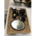 A WICKER TRAY WITH MIRROR, CANDLE STICKS ETC