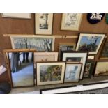 A HUGE COLLECTION OF FRAMED PRINTS, PICTURES AND MIRRORS