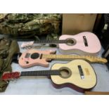 TWO SMALL CHILDREN'S ACOUSTIC GUITAR'S AND ONE SMALL ELECTRIC EXAMPLE