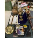 A COLLECTION OF ITEMS TO INCLUDE COPPER TEAPOT, SCALES, VINTAGE TEDDY ETC