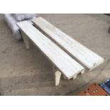 TWO WOODEN COLOUR WASHED BENCHES
