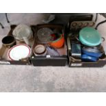 THREE BOXES OF ASSORTED KITCHEN ITEMS, CERAMICS ETC