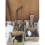 VARIOUS VINTAGE WOODEN CRATES AND TOOLS