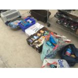 A LARGE COLLECTION OF WET AND DRY DOG FOOD AND TREATS WITH A CARRY BOX AND A BASKET