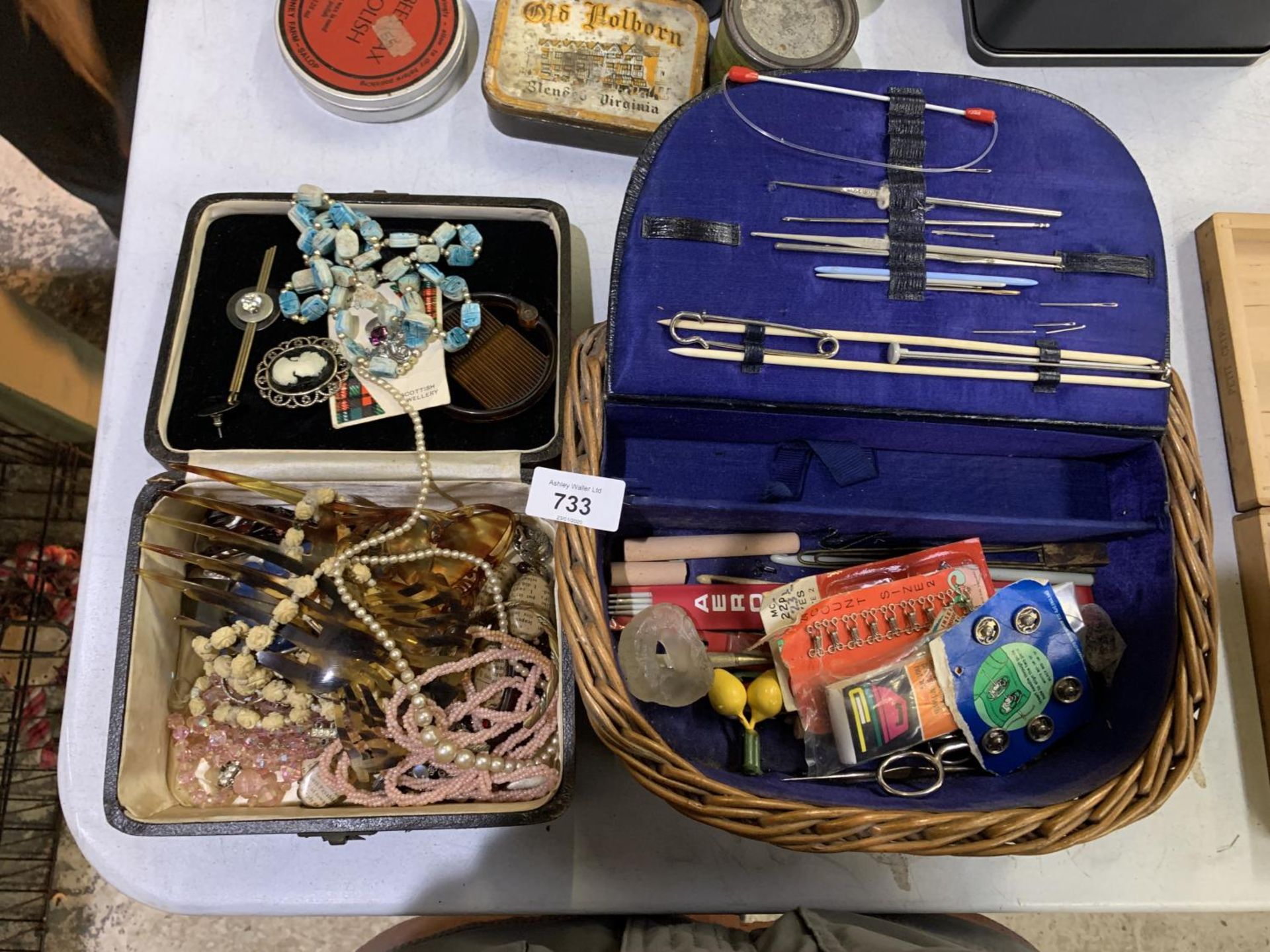 A BOX OF ASSORTED COSTUME JEWELLERY TOGETHER WITH SEWING TOOLS ETC