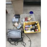 VARIOUS ITEMS TO INCLUDE A LIGHT, DOWLS, ELECTRIC BOXES, HOOKS ETC