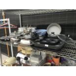 A QUANTITY OF STAINLESS STEEL ETC KITCHEN ITEMS TO INCLUDE BAKING TRAYS, PANS, GRAVY BOAT, BUTTER