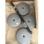 FOUR TEN KILO WEIGHTS AND A BAR