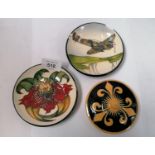 THREE MOORCROFT POTTERY ITEMS - TWO PIN DISHES, A/F, AND A LID