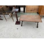 FOUR ITEMS - A BRASS SIDE TABLE WITH SMOKED GLASS TOP, A MAHOGANY PLANT STAND, A COFFEE TABLE WITH