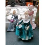 THREE CERAMIC LADY FIGURES - COALPORT AND TWO ROYAL DOULTON EXAMPLES, ONE A/F