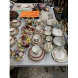 A COLLECTION OF ASSORTED CHINA, FLORAL POTS, CUPS AND SAUCERS ETC