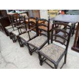 FOUR LADDER BACK OAK DINING CHAIRS AND TWO CARVERS