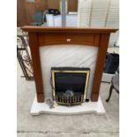 A MAHOGANY FIRE SURROUND WITH MARBLE HEARTH AND BACK AND ELECTRIC FIRE