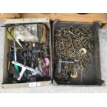 TWO WOODEN CRATES WITH HARDWARE CONTENTS TO INCLUDE BELT BUCKLES, BRACKETS, WIRE ETC