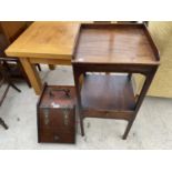 A MAHOGANY COAL BOX AND A SMALL MAHOGANY TWO TIER SERVER WITH LOWER DRAWER