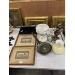 A MIXED GROUP OF ITEMS TO INCLUDE BRASS PANS, NEW KNIFE SET, TWO FRAMED PICTURES, LAMP AND SHADE ETC