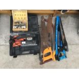 A CASED CHALLENGE SANDER, BOXED CUTTER BITS AND SAWS ETC IN WORKING ORDER