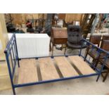 A BLUE METAL SINGLE BED