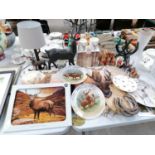 A LARGE GROUP OF ASSORTED STAG RELATED ITEMS, MODELS, PLATES, CLOCK ETC